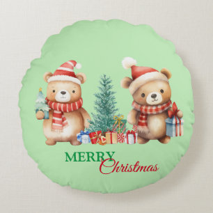 Coussins Ronds Père Noël ours en peluche rouge vert Joyeux Noël F