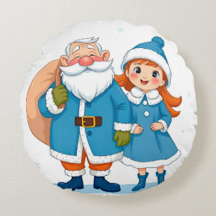 Coussins Ronds Père Noël souriant et jeune fille des neiges