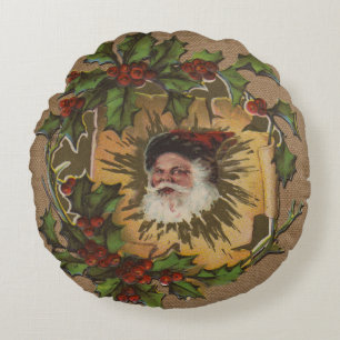 Coussins Ronds Père Noël Vintage Antique Houx Noël