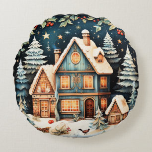 Coussins Ronds Période de Noël, scène de vacances vintage,