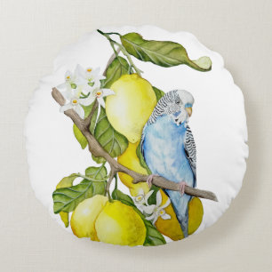 Coussins Ronds Perroquet bleu dans l'arbre à citrons Art botaniqu