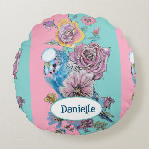Coussins Ronds Perroquet Bleu Oiseau Rose Florale Rose Aqua Nom d