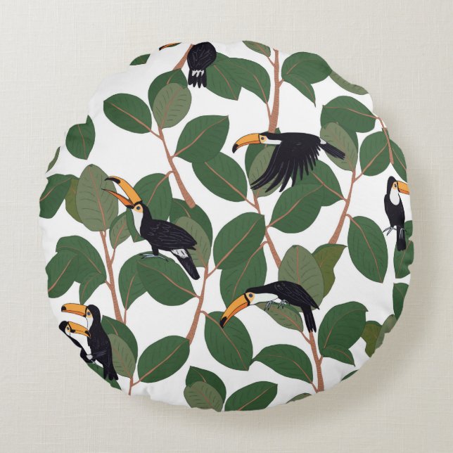 Coussins Ronds Perroquet toucan avec ficus palm feuilles sans sou (Devant)