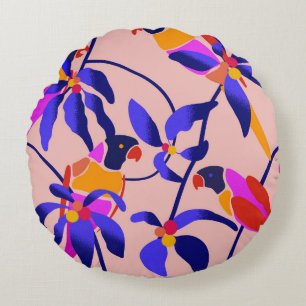 Coussins Ronds Perroquets Vintages roses : Illustration Exotique