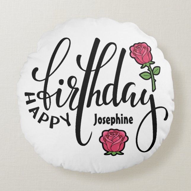 Coussins Ronds Personalized Birthday Pink Rose  (Devant)
