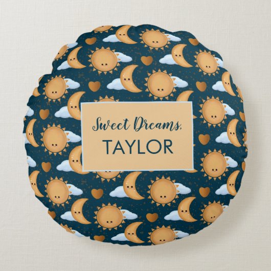 Coussins Ronds Personalized Blue Gold Sun Moon Sweet Dreams Name (Devant)