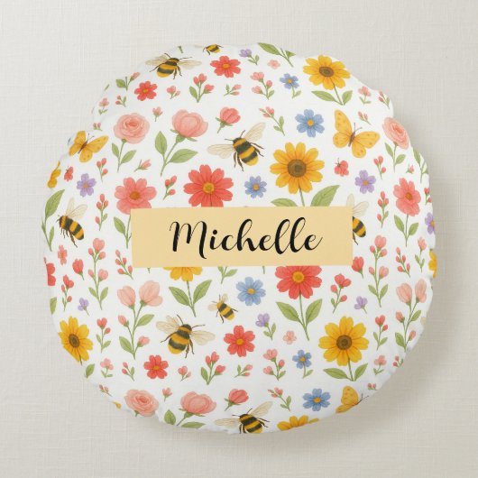 Coussins Ronds Personalized Floral Bee Round Pillow (Devant)