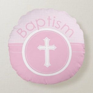 Coussins Ronds Personnalisable, Enfant fille rose de Dieu Baptême