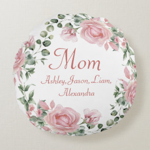 Coussins Ronds Personnalisé Maman Rose Roses Floral 4 à 8 Noms d'