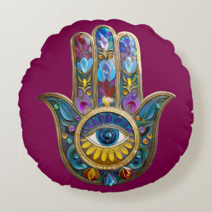 Coussins Ronds Pétales Colorés Feuilles Hamsa Saphir Troisième Œi