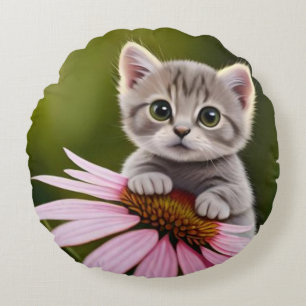 Coussins Ronds Petit chat gris floral mignon