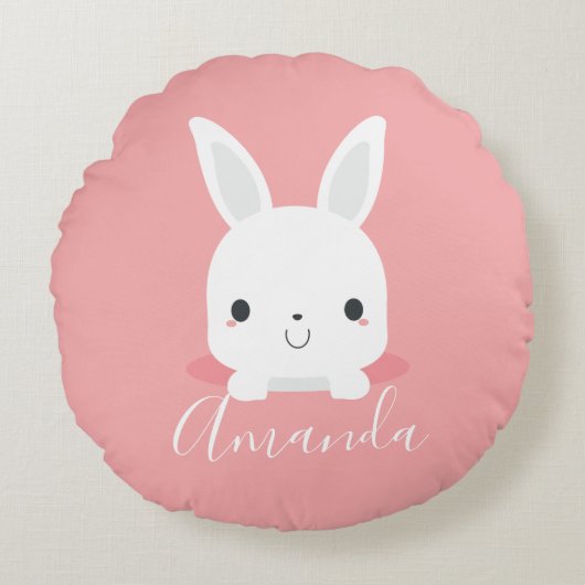 Coussins Ronds Petit lapin rosé mignon lapin avec nom personnalis (Devant)