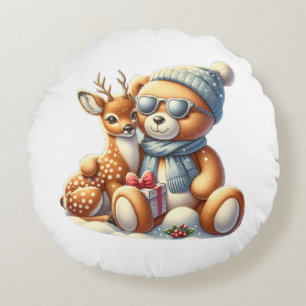 Coussins Ronds Petit ours et son faon dans la neige