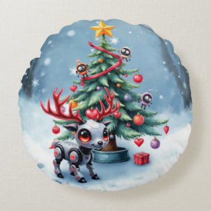 Coussins Ronds Petit renne Cyberpunk avec sapin de Noël