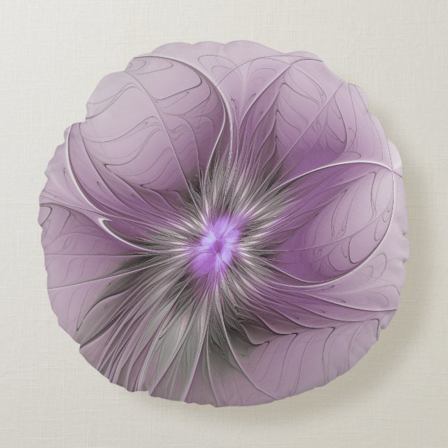 Coussins Ronds Petite Beauté Moderne Mauve Grey Fractal Art Flowe (Devant)