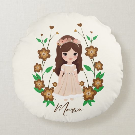 Coussins Ronds Petite fille avec fleurs (Devant)