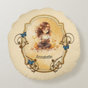 Coussins Ronds Petite fille magique lisant un livre