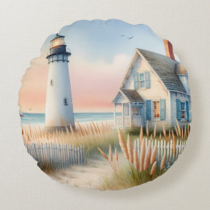 Coussins Ronds Phare et cottage au bord de la mer, scène aquarell