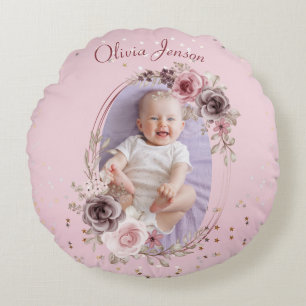Coussins Ronds Photo de bébé fille Élégant Moderne Fleurs roses m