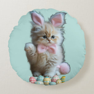 Coussins Ronds Photo de chaton aux oreilles de lapin bleues