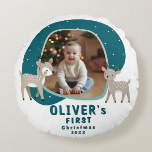 Coussins Ronds Photo de Noël de bébé mignon avec renne
