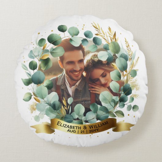 Coussins Ronds PHOTO Mariage Merci Eucalyptus Feuille Cadeau (Devant)