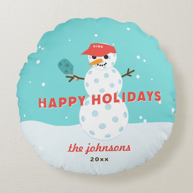 Coussins Ronds Pickleball Snowman Custom Holiday Amusant (Devant)