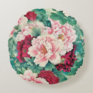 Coussins Ronds Pies roses rouges et Motif Feuille vert