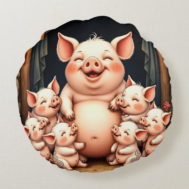 Coussins Ronds  Pig Art – Mother & Piglets (Dos)