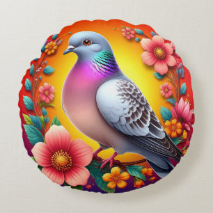 Coussins Ronds Pigeon coloré entouré de Fleurs vives