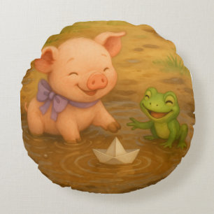 Coussins Ronds Piglet, Froglet et Bateau en papier, aquarelle par