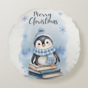 Coussins Ronds Pingouin de Noël aquarelle