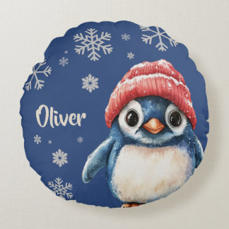 Coussins Ronds Pingouin de Noël personnalisé Flocon de neige