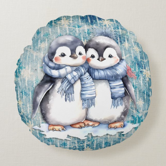 Coussins Ronds Pingouins D'Aquarelle Bleu D'Hiver Avec Écharpes (Devant)