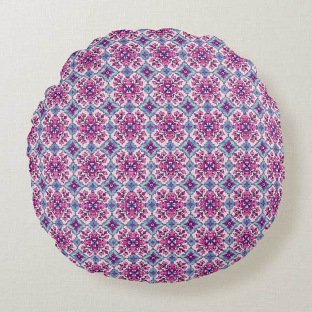 Coussins Ronds Pink and Blue Tile Design (Devant)