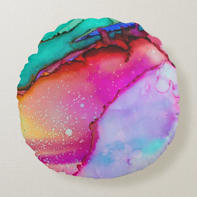 Coussins Ronds Pink and Turquoise Marble Abstract Watercolor (Devant)