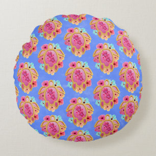 Coussins Ronds Pink Blue Island Tropical Sea Turtles Floral