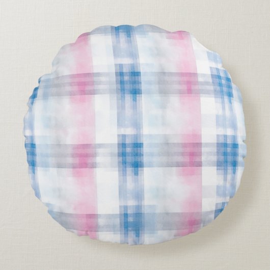 Coussins Ronds Pink Blue White Plaid Stripes (Devant)
