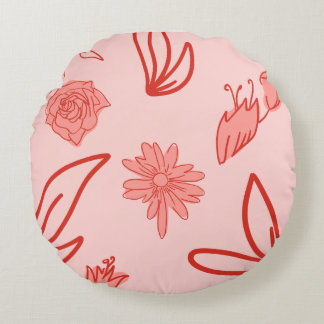 Coussins Ronds Pink Floral Line Art Pattern