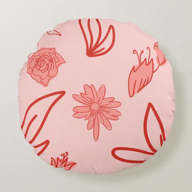 Coussins Ronds Pink Floral Line Art Pattern (Devant)