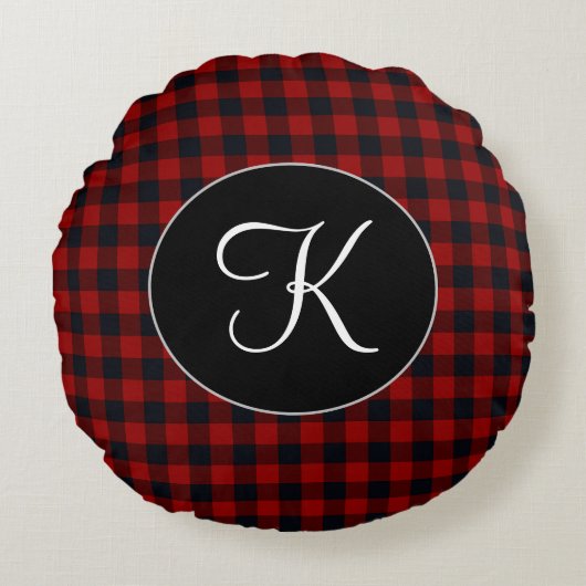 Coussins Ronds Plaid Buffalo Rouge et Noir Monogramme Personnalis (Devant)