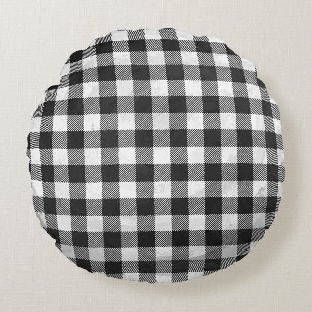 Coussins Ronds Plaid Checkered noir et blanc (Devant)