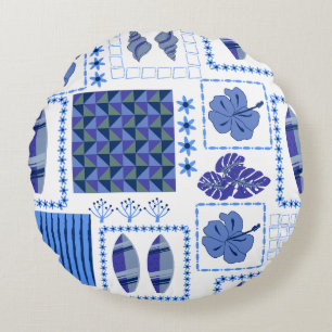 Coussins Ronds Planche de surf tropicale bleue motif hibiscus