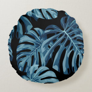 Coussins Ronds Plante Monstera : motif feuille bleu.