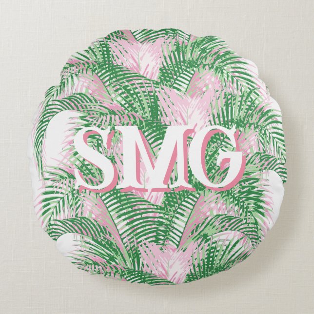 Coussins Ronds Plume Palm Fronds in Pink + Green Personalized (Devant)