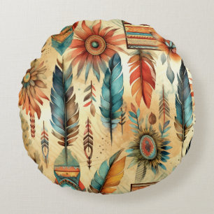 Coussins Ronds Plumes bleues de la tribu Aztec Boho
