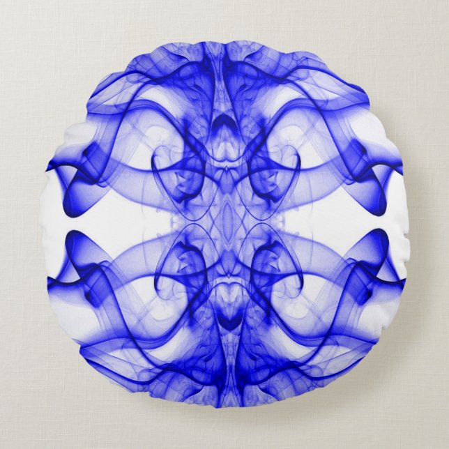 Coussins Ronds Plumes de fumée bleue sur blanc (Devant)