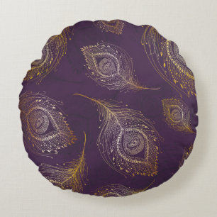 Coussins Ronds Plumes de paon or, arrière - plan violet.
