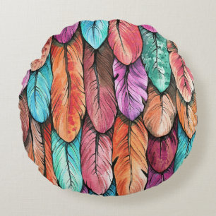 Coussins Ronds Plumes d'oiseaux, aquarelle, motif transparent.
