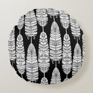 Coussins Ronds Plumes d'oiseaux boho sans couture motif en noir e